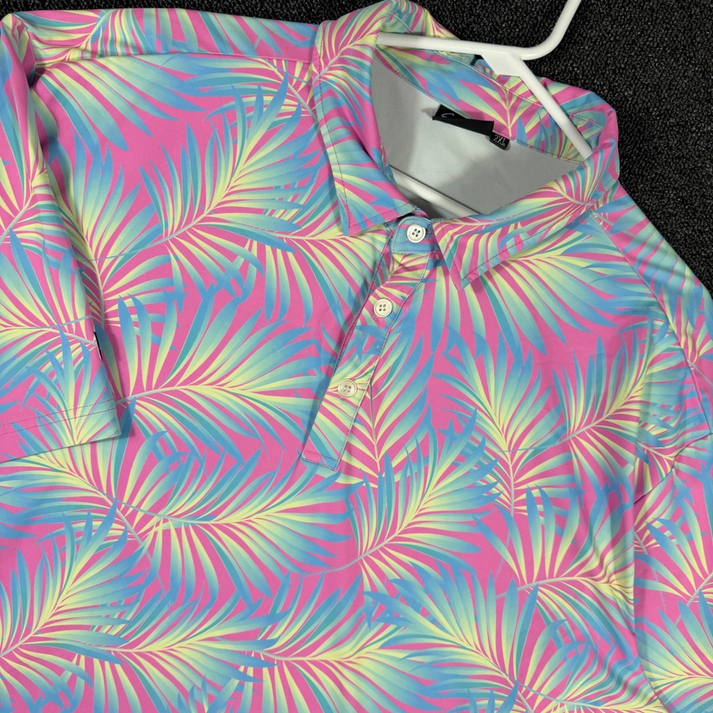 Sunday Swagger Men's 2XL Golf Polo Shirt Pink Blue Palm Leaf Performance Stretch